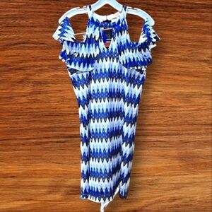 Candie's, Midi Dress, Cold Shoulder, Sz Med,Ric Rac Pattern, Blue, White, Black